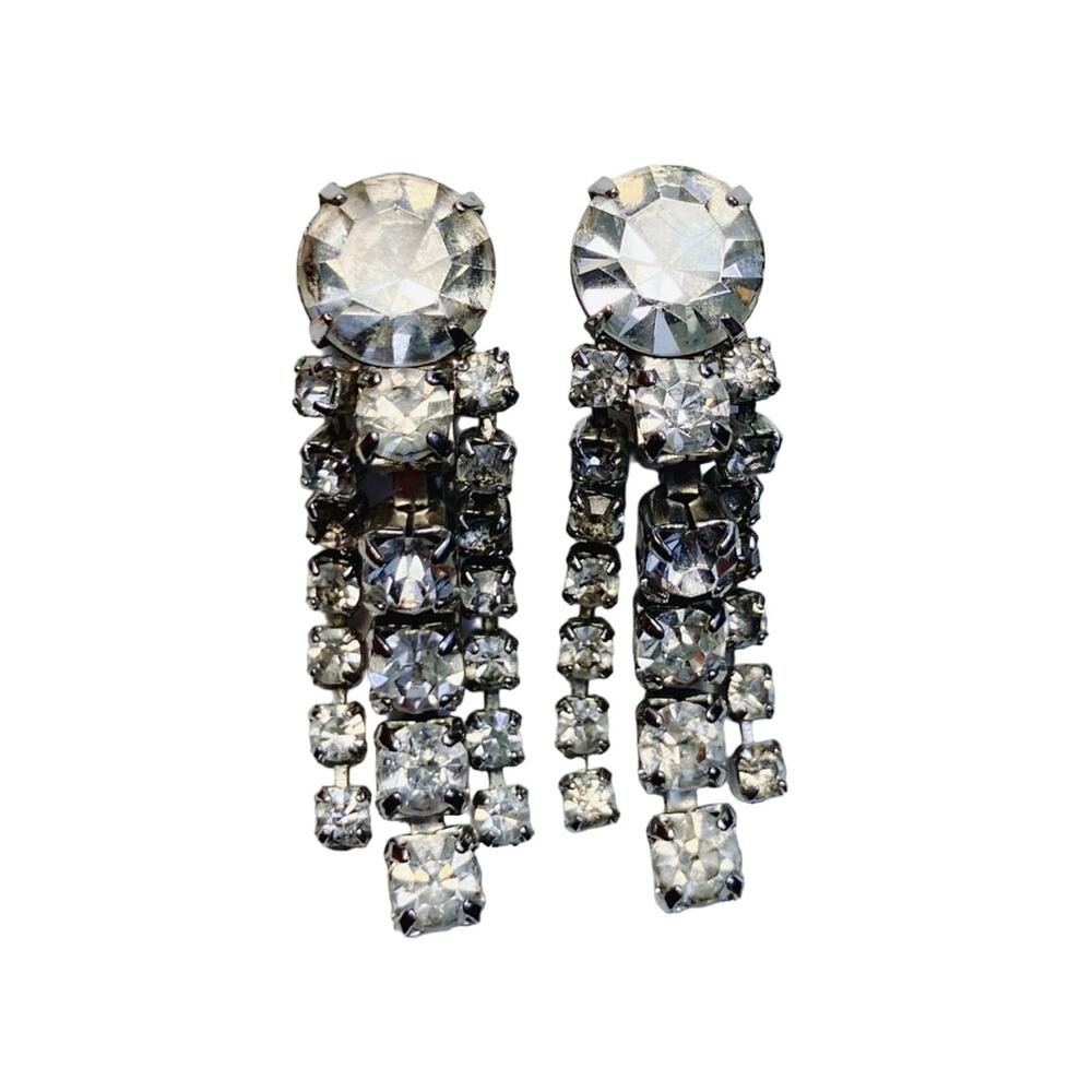 Vintage Prong Set Rhinestone Clip-On Earrings, 50s 60s Mid Century Dangle Drop